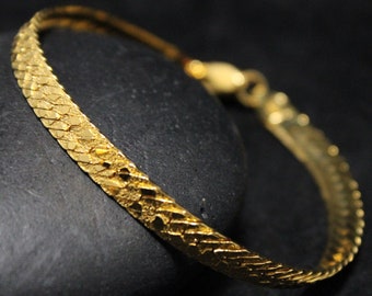Gold Plated Sterling Silver Reverseable Italian Herringbone Bracelet 7 Inches, Minimalist Herringbone Jewelry, Textured Herringbone Chain