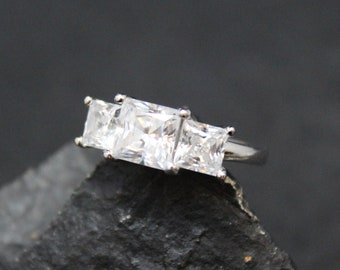 Sterlig Silver Three Stone Princess Cut CZ Ring, CZ Engagement Ring, Sterling Engagement Ring, Princess Cut Ring, Fake Diamond Ring