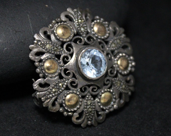 Vintage Sterling Silver and Gold Accent With Light Blue Gemstone and Marcasite Brooch Pin, Vintage Ornate Brooch, Circular Brooch