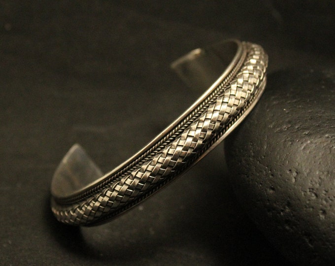 Indonesian Sterling Cuff, Made in Indonesia 925 Bracelet, Open Cuff Oxidized Silver, Flexible Springy Woven Rope Design Cuff Bracelet