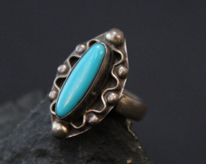 Sterling Silver Faux Turquoise Ring with Wavy Border, Long Turquoise Sterling Ring, Sterling Silver Turquoise Ring, Turquoise Jewelry