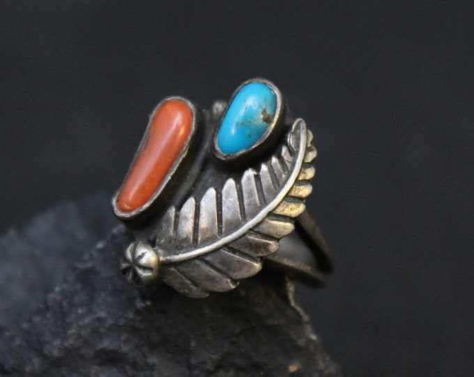 Sterling Silver Signed Turquoise and Coral Ring, Sterling Ring, American Turquoise Ring, Old Coral Ring, Leaf Ring
