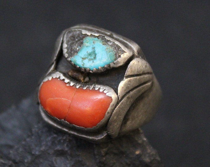 Sterling Silver Old American Turquoise and Coral Ring, Large Coral Ring, Men's 925 Ring, Men's Turquoise Ring