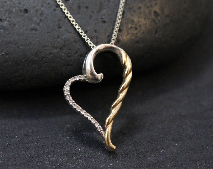 Sterling Silver Open Heart Necklace with Gold and Diamonds, Two Tone Open Heart Necklace, Diamond Heart Necklace, Heart Jewelry