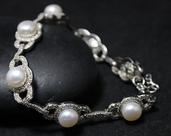 Sterling Silver Pearl And CZ Link Bracelet, Sterling Pearl Jewelry, Modern Jewelry, Bridal Jewelry, Sparkly Bracelet, June Birthstone