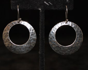 Solid Sterling Silver Dangle Hoop Earrings, Hammered Sterling Silver Jewelry, Modernist Hoop Earrings, Modern Sterling Dangle Hoop Earrings