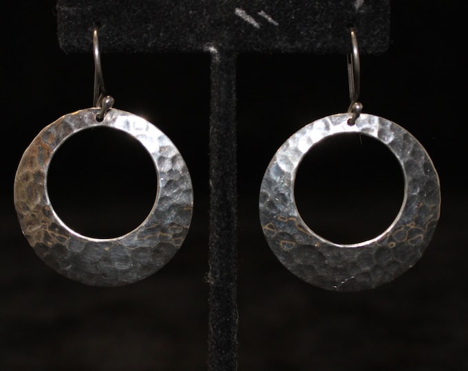 Solid Sterling Silver Dangle Hoop Earrings, Hammered Sterling Silver Jewelry, Modernist Hoop Earrings, Modern Sterling Dangle Hoop Earrings