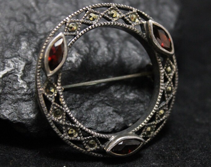 Vintage Sterling Silver, Marcasite, and Garnet Circle Brooch Pin, Art Deco Garnet Marquise, January Birthday Gift, Geometric Brooch