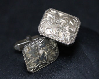 Sterling Silver Floral Cuff Links Art Nouveau Style With Hand Engraving, Vintage Silver Cuff Links, Antique Cuff Links, Silver Guy Gift