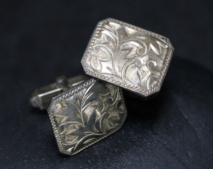 Sterling Silver Floral Cuff Links Art Nouveau Style With Hand Engraving, Vintage Silver Cuff Links, Antique Cuff Links, Silver Guy Gift
