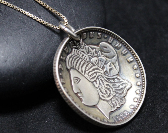 Sterling Silver Morgan Dollar Coin Long Necklace, American Necklace, America the Beautiful Necklace, Sterling Silver Coin Pendant