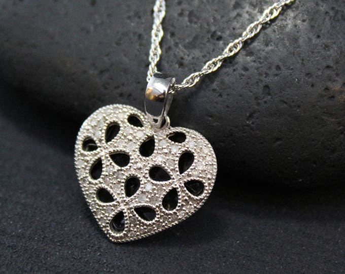 Sterling Silver and Enamel Diamond Heart Pendant, Sterling Silver Heart Necklace, Diamond Heart Necklace, Sterling Silver Diamond Jewelry