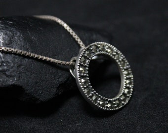 Sterling Silver Marcasite Open Circle Necklace 19 Inches, Sterling Open Circle Necklace, Minimalist Sterling Marcasite Jewelry, Art Deco