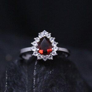 Teardrop Garnet Sterling Silver Ring, Sterling Silver Engagement Ring, Garnet Ring, Red Gemstone Ring