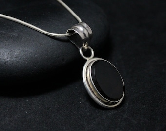 Sterling Silver Oval Onyx Necklace 18 Inches, Sterling Boho Onyx Jewelry, Oval Black Onyx Pendant, Sterling Silver Black Onyx Jewelry