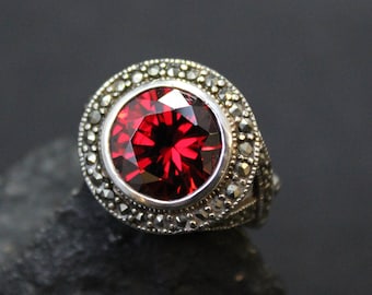Sterling Silver Marcasite and Red CZ Statement Ring, Art Deco Cockail Ring, Red CZ Ring, Art Deco Sterling Silver Marcasite Ring, Red Gem