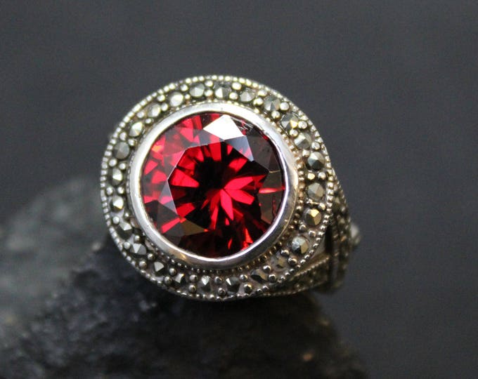 Sterling Silver Marcasite and Red CZ Statement Ring, Art Deco Cockail Ring, Red CZ Ring, Art Deco Sterling Silver Marcasite Ring, Red Gem