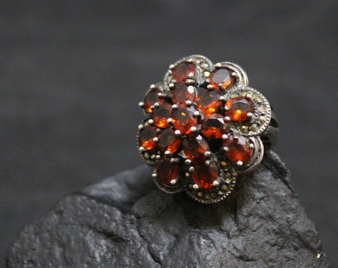 Sterling Silver Flower Garnet with Marcasite Accents Statement Ring