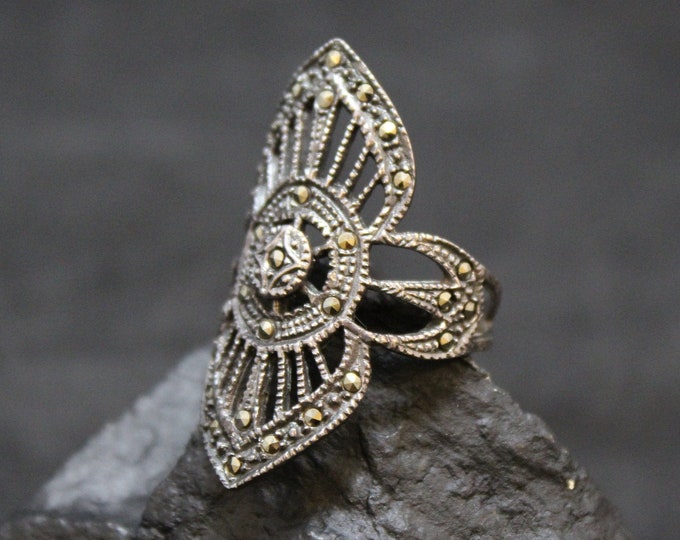 Oxidized Sterling Silver Intricate Long Ring with Accent Marcasites