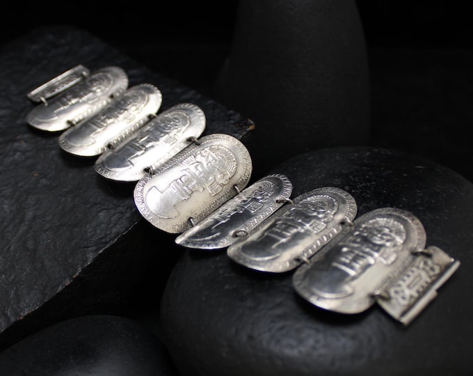 Vintage Peruvian Sterling Silver Bracelet, VTG 925 Peru Medallion Bracelet, INDUSTRIA PERUANA Miranos Silver Artisan Jewelry, 7.25 inches