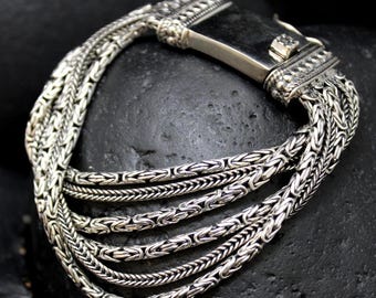 Thai Silver Byzantine & Franco Chain Bracelet, Vintage Sterling MultiStrand Bracelet, VTG 925 Statement Bracelet 7.5 Inches Long, Box Clasp