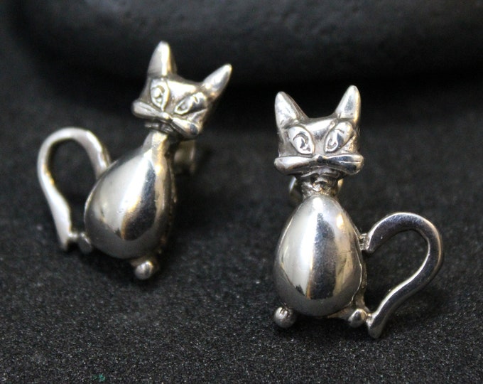 Sterling Silver Cat Earrings, Cartoon Cat Earrings, Silver Cat, Animal Jewelry, 3D Cat Earrings, Kitty Cat Earrings, Cat Jewelry