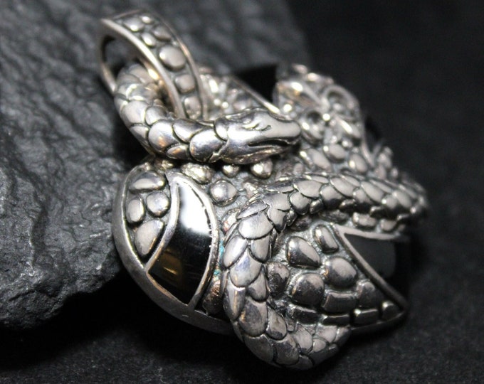 Sterling Silver Large Snake Heart Pendant with Black Enamel, Cute Silver Snake Jewelry, Silver Heart Jewelry, Silver Snake Heart Pendant