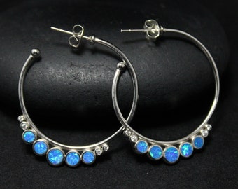 Sterling Silver Opal Hoops, Special Occasion Sterling Silver Hoops, Blue Opal Vintage Hoops, Sterling Drop Earrings, Anniversary Gift,