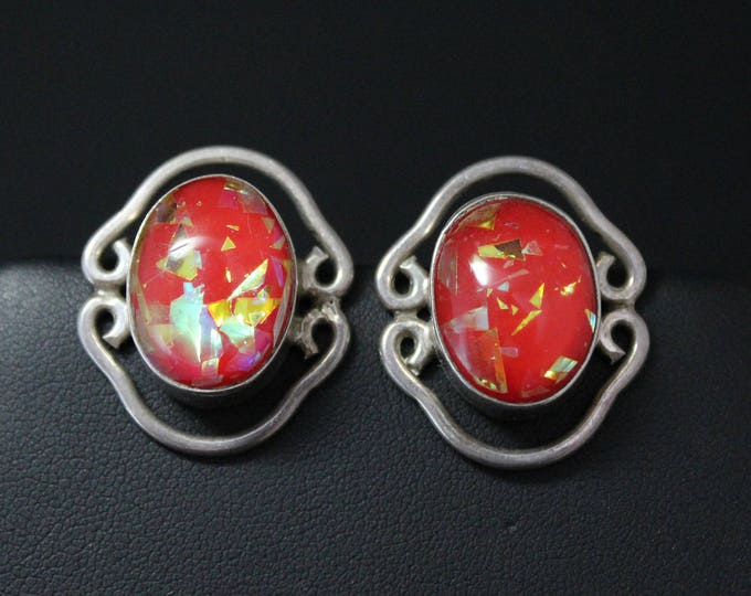 Sterling Silver Red Simulated Opal Earrings, Red Artsy Sterling Earrings, Simulated Opal Jewelry, Sterling Silver Mexican Statement Earrings