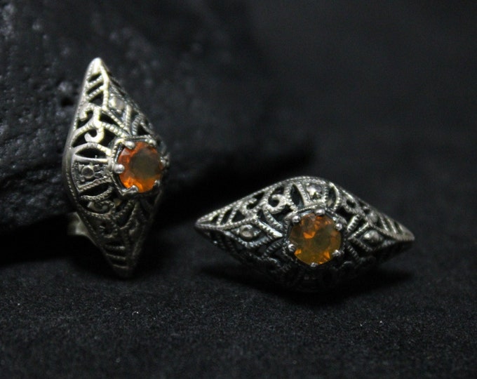 Sterling Silver Art Deco Orang CZ Diamond Shaped Stud Earrings, Art Deco Style Jewelry, Orange Gemstone Sterling Earrings, Diamond Earrings