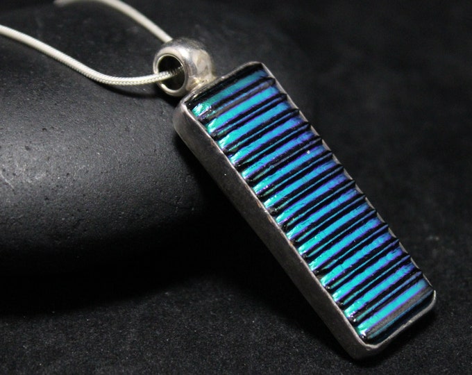 Sterling Silver Taxco Large Art Purple Blue Stipe Glass Necklace, Dichroic Glass Jewelry, Dichroic Glass Necklace, Taxco Dichroic Pendant