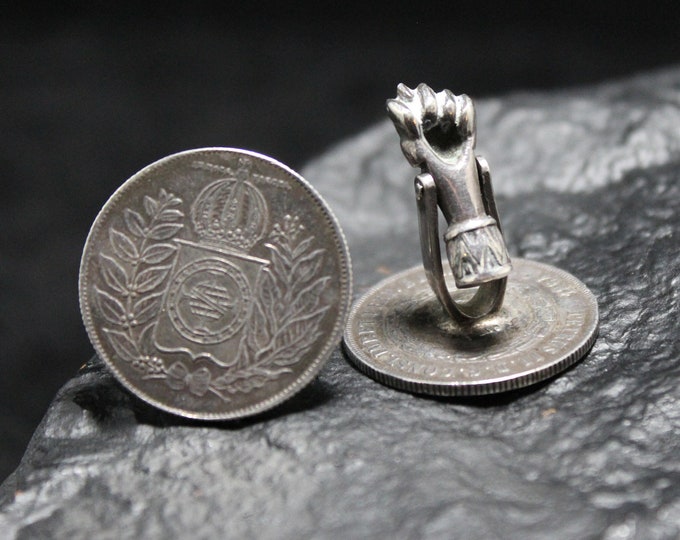 Vintage Sterling Silver 1864 Brazilian Coin Cuff Links, Brazilian Coat of Arms Sterling Silver Coin Cuff Links, Unique Sterling Cuff Links