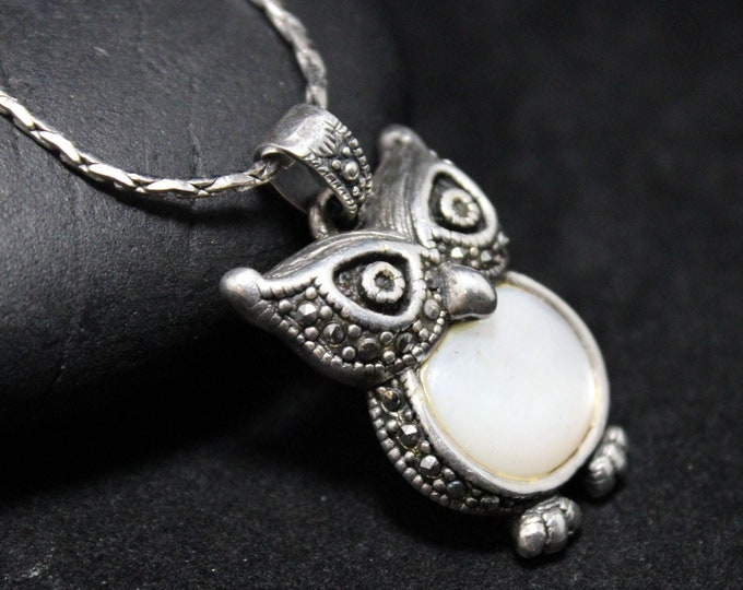 Sterling Silver Mother of Pearl Marcasite Owl Necklace, Mother of Pearl Necklace, Sterling Silver Owl Jewelry, Owl Necklace, Owl Lover