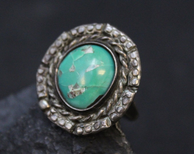 AS IS Sterling Silver Old American Hand Made Ring with Green Turquoise Stone, Turquoise Ring, Green Turquoise 925 Ring