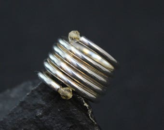 Sterling Silver Beaded Spiral Ring, Sterling Spiral Ring, Sterling Silver Wrap Ring, Crystal Beaded Ring, Modernist Sterling Silver Ring