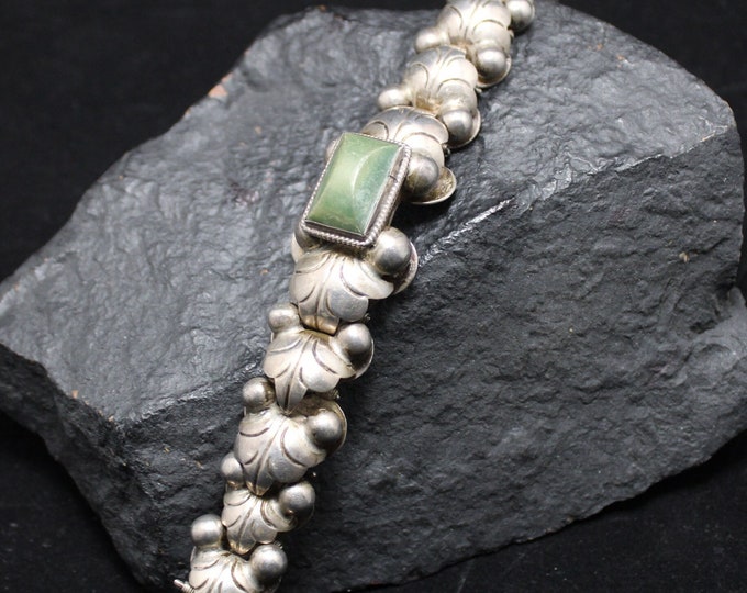 Mexico Sterling Silver Bracelet, Silver Bracelet with Leaf Design, Sterling Bracelet with Center Green Stone, Statement Silver Bracelet