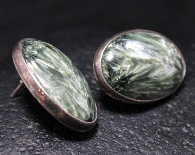 Sterling Silver Charles Albert Oval Seraphinite Charoite Earrings, Bold Silver Earrings, Green Seraphinite Charoite Jewelry, Signed Jewelry