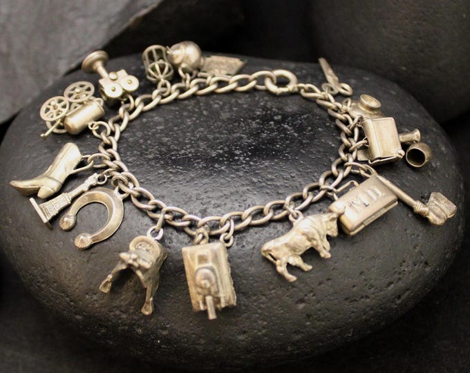 Vintage Sterling Silver Loaded Charm Bracelet, VTG 925 Rare Articulated Charms on Curb Link Bracelet, Silver Western Cowboy Americana Charms