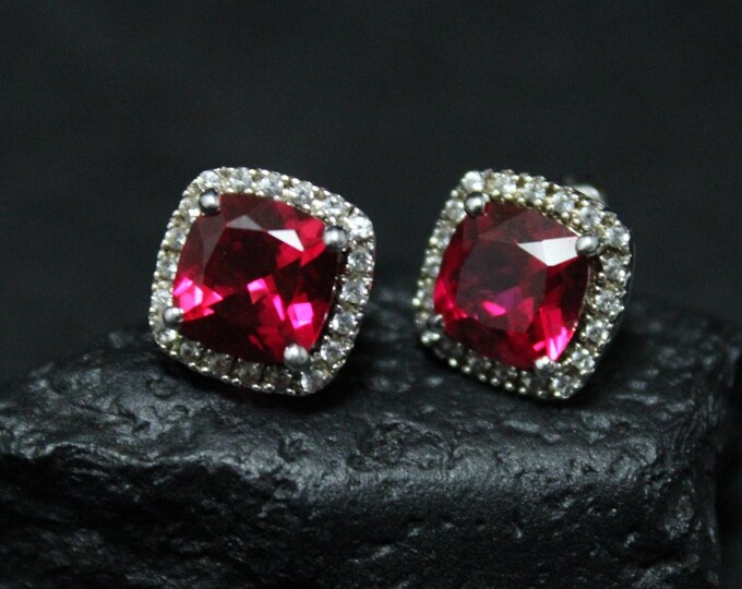 Sterling Silver Lab Created Ruby and CZ Halo Stud Earrings, Sterling Ruby Halo Stud Earrings, Lab Ruby Stud Earrings, July Birthstone