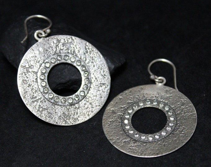 Sterling Silver Textured Dangle Disk Earrings With CZ, Textured Sterling Earrings, Textured Silver Jewelry, CZ Circle Dangle Earrings