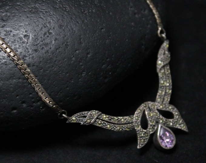 Sterling Silver Art Deco Amethyst and Marcasite Bow Vintage Necklace, Art Deco Marcasite Jewelry, Sterling Art Deco, Amethyst Jewelry