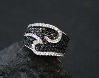 Sterling Silver Black and White CZ Ring, Black and White Gemstone Ring, Black and White Jewelry, CZ Swirl Ring, Black and White Ring