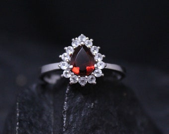 Teardrop Garnet Sterling Silver Ring, Sterling Silver Engagement Ring, Garnet Ring, Red Gemstone Ring
