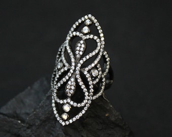 Oxidized Sterling Silver Victorian Style Long CZ Filigree Ring, Sterling Filigree Statement Ring, Micro Pave CZ Ring, Oxidized Sterling Ring