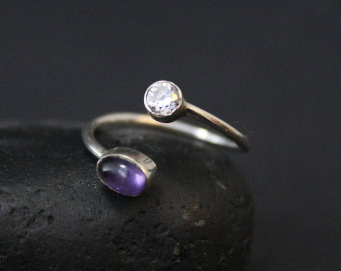 Minimalist Sterling Silver Amethyst and CZ Bypass Ring, Sterling Silver Bypass Ring, Gemstone Wrap Ring, Gemstone Bypass Ring