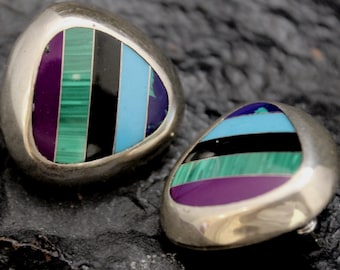 Vintage Geometric Inlay Sterling Silver Earrings, VTG Colorful Striped Studs, 925 Retro Statement Earrings, Multicolor Gemstone Earrings