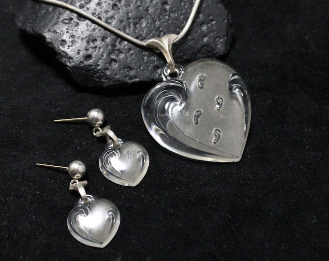 Vintage Sterling Silver Lenox Carved Crystal Heart Footprints On The Sand Necklace and Earring Set, Carved Glass Heart, Valentine's Day Gift