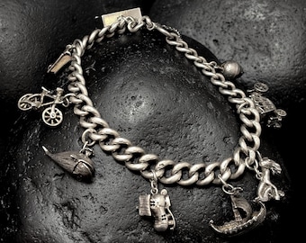 Vintage Sterling Silver Loaded Charm Bracelet, 9 Charms, VTG Articulated Silver Charms, Boat, Bicycle, Globe, Whale, Boot, Chunky Curb Chain