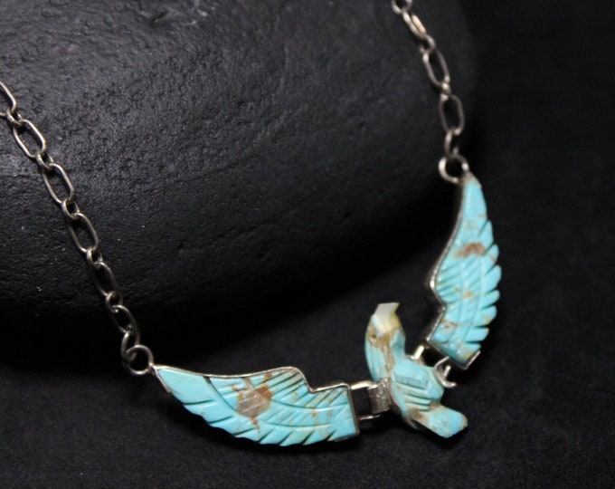 Sterling Silver Ben Livingston Carved Turquoise Eagle Necklace with Operable Wings (AS IS), Vintage Southwest Turquoise Eagle Jewelry