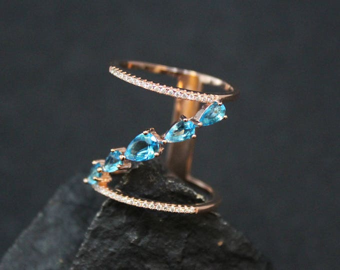 Rose Gold Over Sterling Silver Blue Topaz Micro Pave Ring, Rose Gold Micro Pave Ring, Minimalist Pave CZ Ring, Rose Gold Jewelry